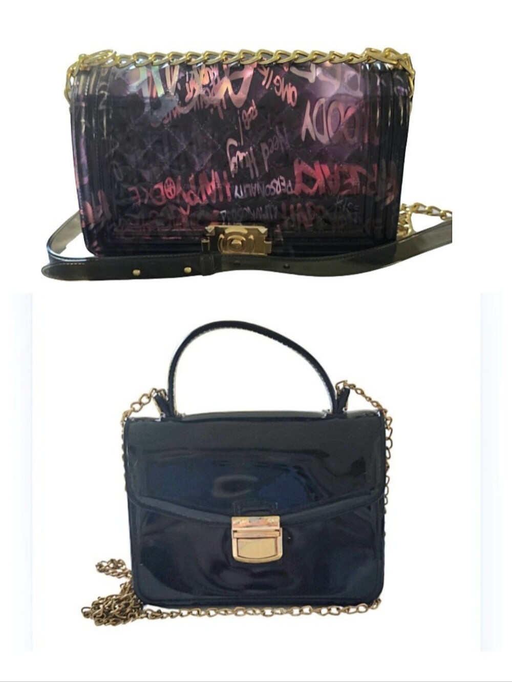 Purse Bundle (2) Medium Jelly Graffiti Quilted Bag + Small Black Patent PU Lot